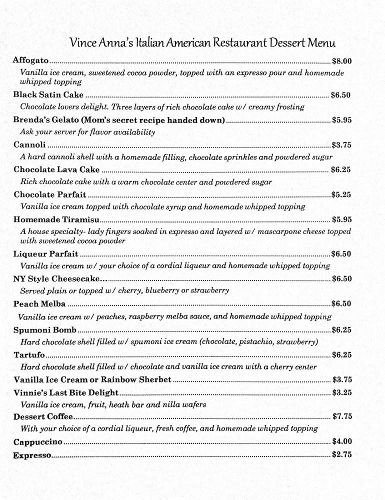 Vince Anna's Restaurant (Reservations Required) Menu image 1